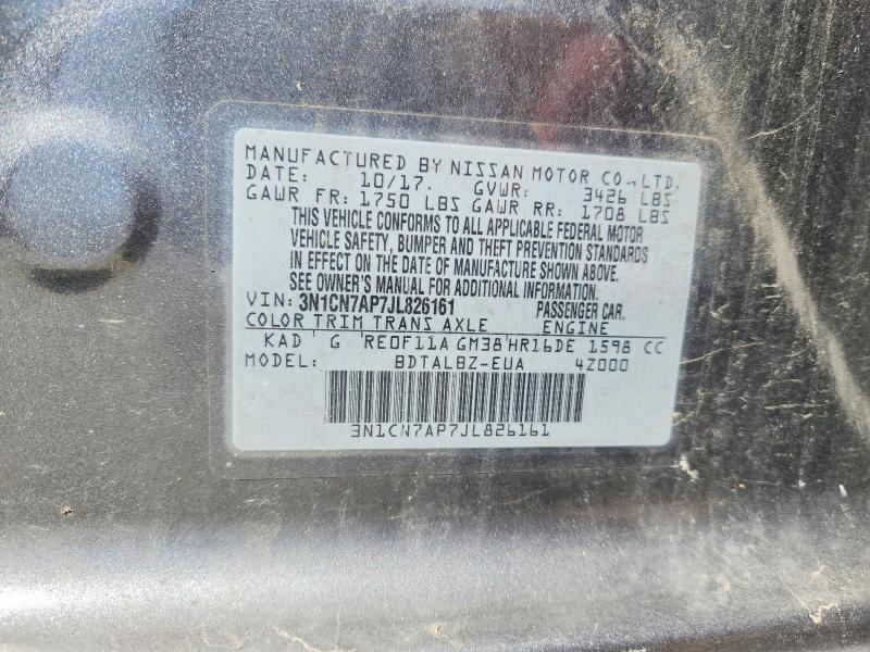Продажа на аукционе авто 2018 Nissan Versa, vin: 3N1CN7AP7JL826161, номер лота: 65881156