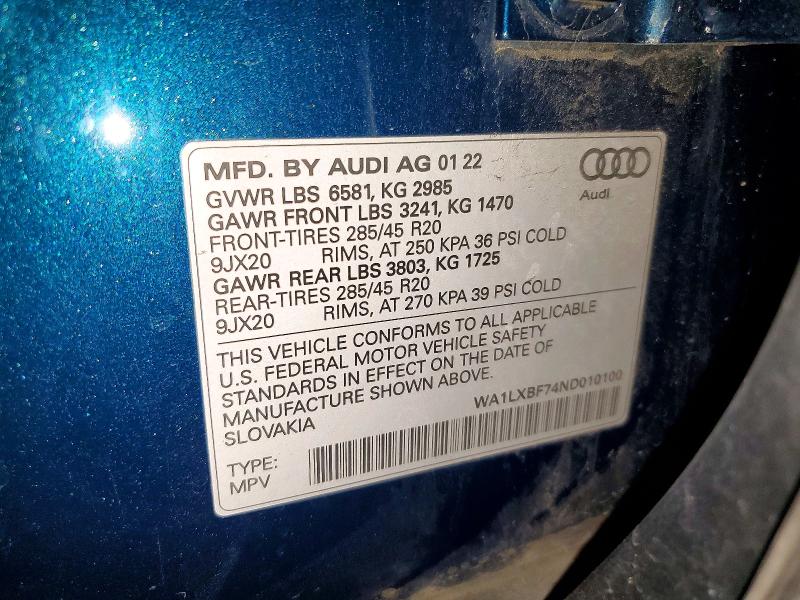 66975606 :رقم المزاد ، WA1LXBF74ND010100 vin ، 2022 Audi Q7 مزاد بيع