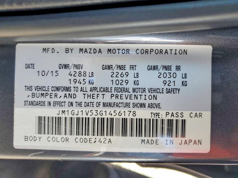 Aukcja sprzedaży 2016 Mazda 6, vin: JM1GJ1V53G1456178, numer aukcji: 66482976
