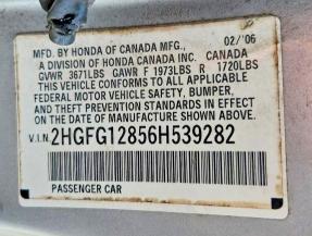 2006 Honda Civic მანქანა იყიდება აუქციონზე, vin: 2HGFG12856H539282, აუქციონის ნომერი: 64086296