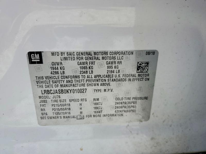 Продаж на аукціоні авто 2019 Buick Encore, vin: LRBCJASB0KY010027, номер лоту: 66253916