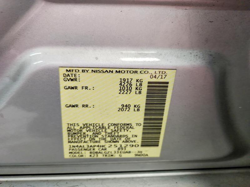 2017 Nissan Altima მანქანა იყიდება აუქციონზე, vin: 1N4AL3AP4HC251290, აუქციონის ნომერი: 66745856