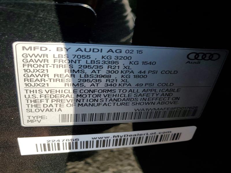 64785336 :رقم المزاد ، WA1WMAFE9FD017625 vin ، 2015 Audi Q7 مزاد بيع
