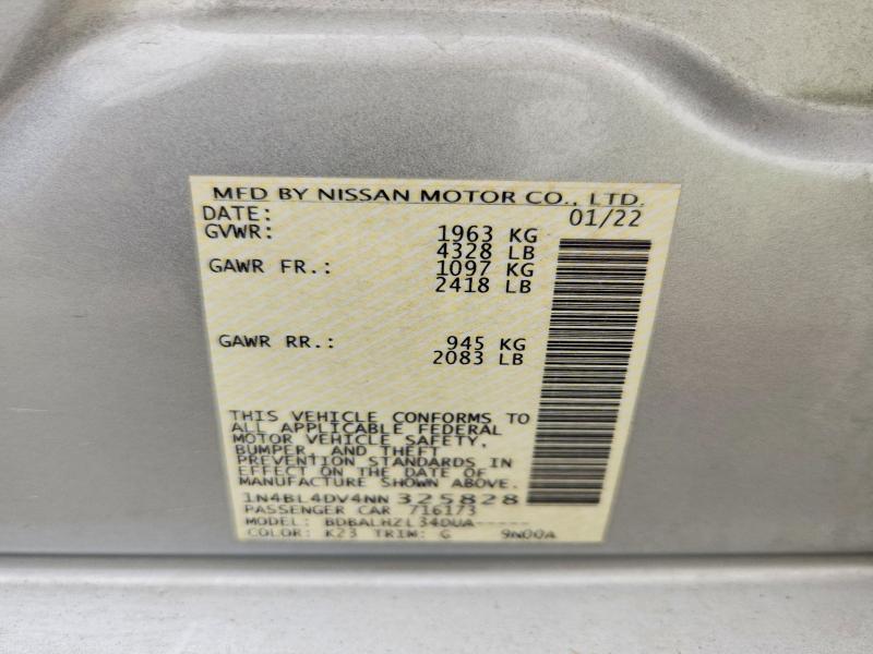 2022 Nissan Altima მანქანა იყიდება აუქციონზე, vin: 1N4BL4DV4NN325828, აუქციონის ნომერი: 66767356