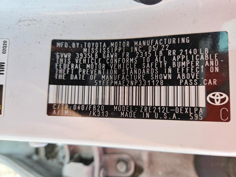 Продажа на аукционе авто 2022 Toyota Corolla, vin: 5YFEPMAE2NP331128, номер лота: 67033746