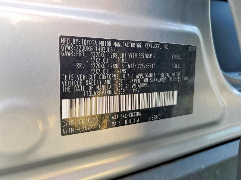 64891586 :رقم المزاد ، 4T3LWRFVXNU067369 vin ، 2022 Toyota Rav4 مزاد بيع