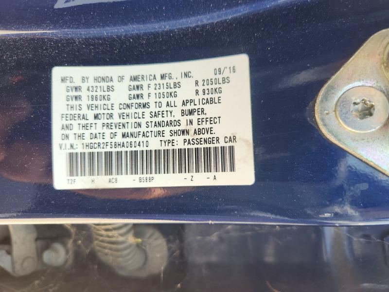 Продаж на аукціоні авто 2017 Honda Accord, vin: 1HGCR2F58HA060410, номер лоту: 66354386