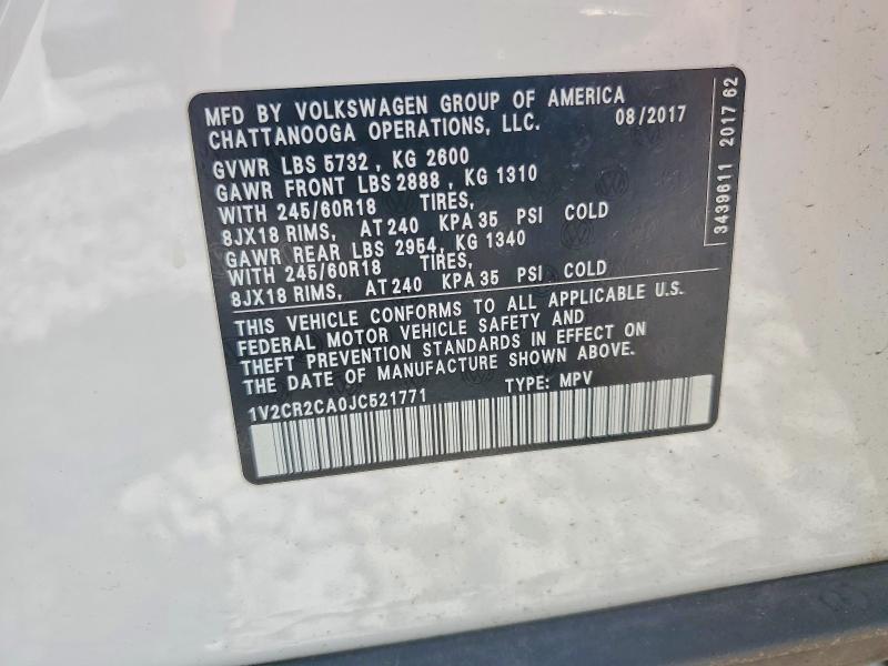 65099846 :رقم المزاد ، 1V2CR2CA0JC521771 vin ، 2018 Volkswagen Atlas مزاد بيع