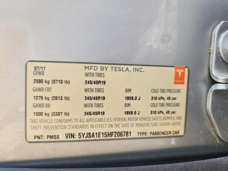 64585186 :رقم المزاد ، 5YJSA1E15HF206781 vin ، 2017 Tesla Model S مزاد بيع