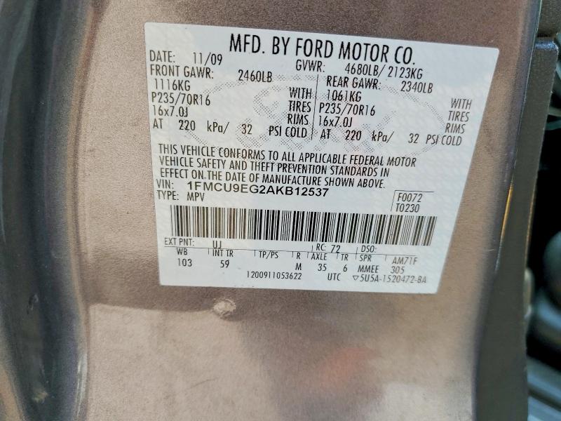 2010 Ford Escape მანქანა იყიდება აუქციონზე, vin: 1FMCU9EG2AKB12537, აუქციონის ნომერი: 63970176