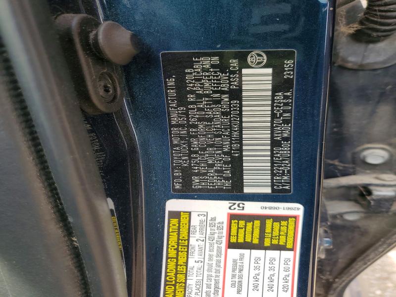 Aukcja sprzedaży 2019 Toyota Camry, vin: 4T1B11HK4KU270339, numer aukcji: 64191356