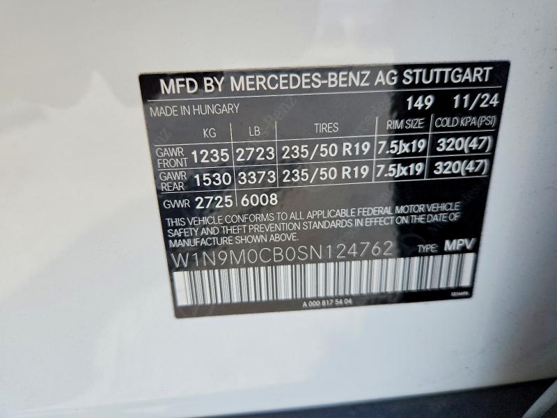 Aukcja sprzedaży 2025 Mercedes-benz Eqb, vin: W1N9M0CB0SN124762, numer aukcji: 66274686