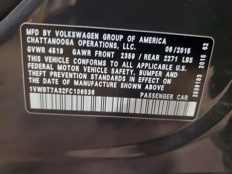 Продажа на аукционе авто 2015 Volkswagen Passat, vin: 1VWBT7A32FC106536, номер лота: 63018346