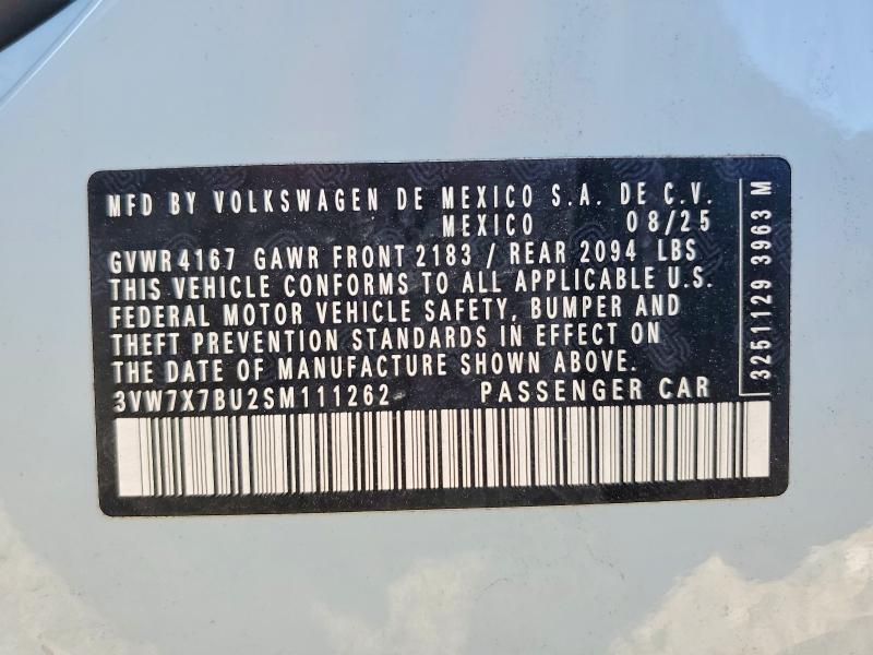 2025 Volkswagen Jetta მანქანა იყიდება აუქციონზე, vin: 3VW7X7BU2SM111262, აუქციონის ნომერი: 64931576