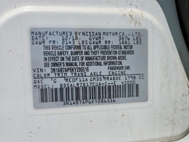Aukcja sprzedaży 2019 Nissan Sentra, vin: 3N1AB7AP6KY286516, numer aukcji: 64599856