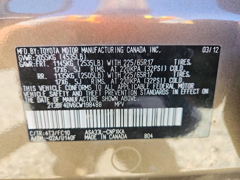65672426 :رقم المزاد ، 2T3BF4DV6CW198488 vin ، 2012 Toyota Rav4 مزاد بيع