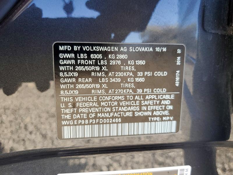 63786046 :رقم المزاد ، WVGEP9BP3FD002466 vin ، 2015 Volkswagen Touareg مزاد بيع
