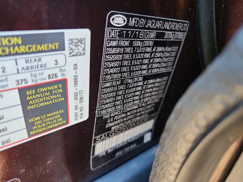 2019 Land Rover Range Rover მანქანა იყიდება აუქციონზე, vin: SALGS2SV5KA538177, აუქციონის ნომერი: 63073986
