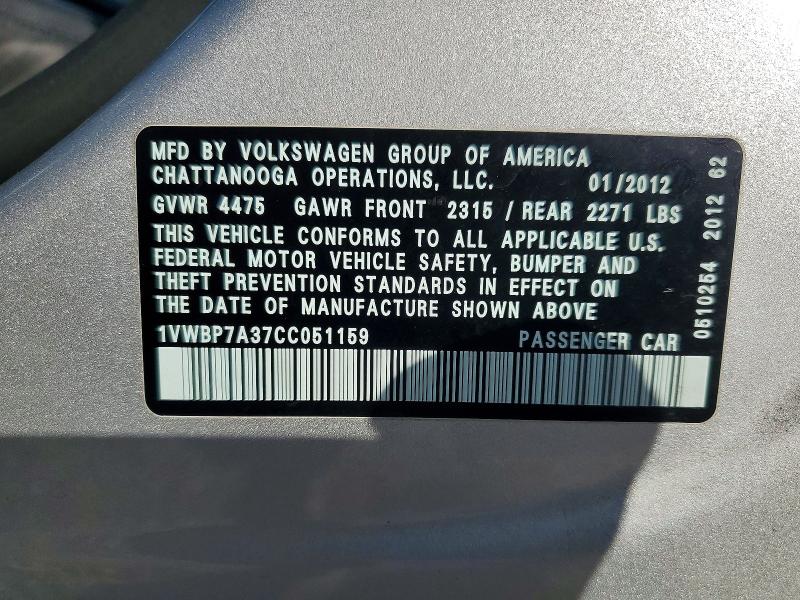 Продаж на аукціоні авто 2012 Volkswagen Passat, vin: 1VWBP7A37CC051159, номер лоту: 63376956