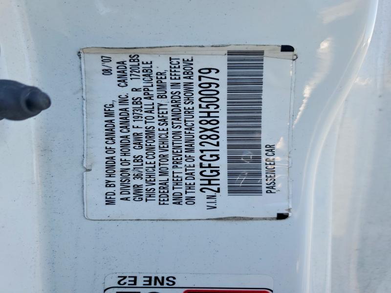 2008 Honda Civic მანქანა იყიდება აუქციონზე, vin: 2HGFG128X8H500979, აუქციონის ნომერი: 63160736