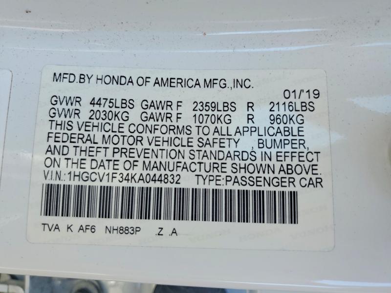 Aukcja sprzedaży 2019 Honda Accord, vin: 1HGCV1F34KA044832, numer aukcji: 64077746