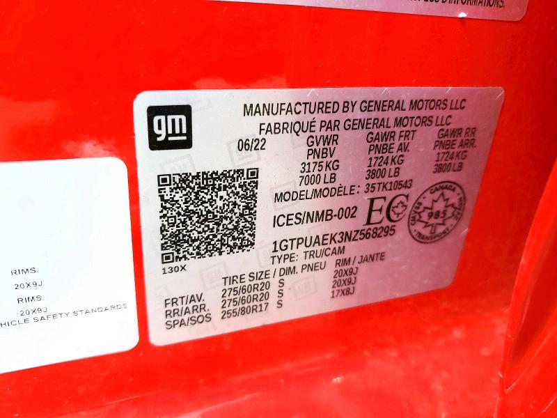 64030836 :رقم المزاد ، 1GTPUAEK3NZ568295 vin ، 2022 Gmc Sierra مزاد بيع