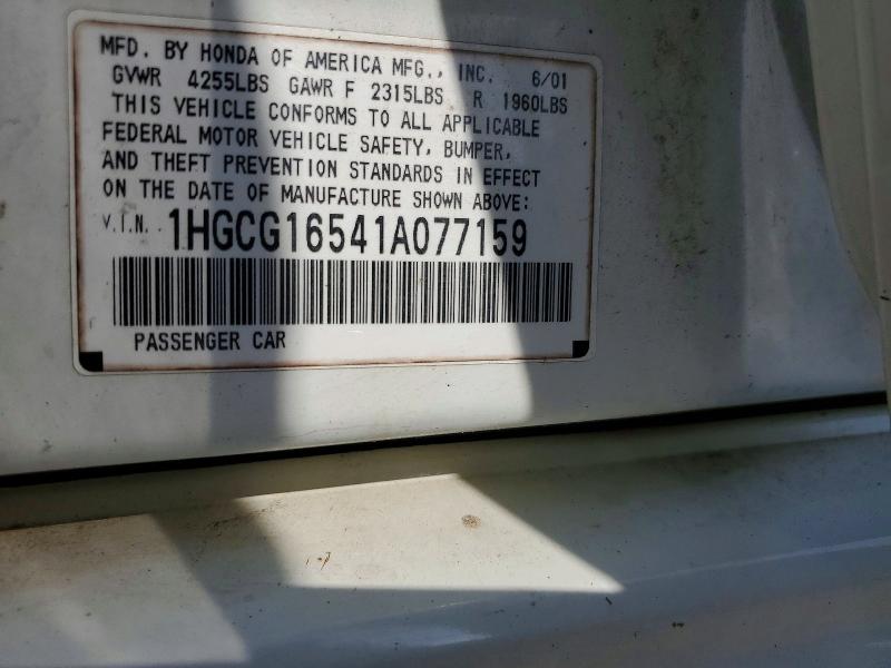 2001 Honda Accord მანქანა იყიდება აუქციონზე, vin: 1HGCG16541A077159, აუქციონის ნომერი: 66477946