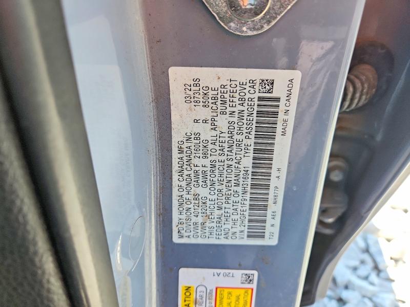 Продажа на аукционе авто 2022 Honda Civic, vin: 2HGFE1F91NH316941, номер лота: 65404056