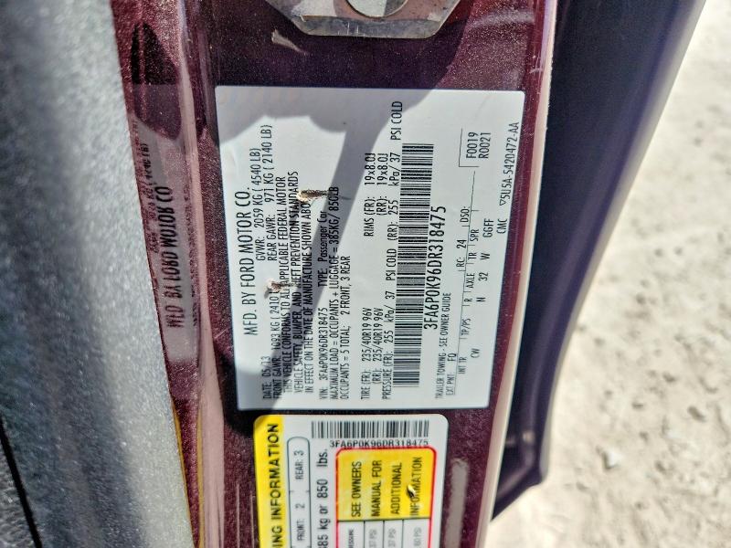 2013 Ford Fusion მანქანა იყიდება აუქციონზე, vin: 3FA6P0K96DR318475, აუქციონის ნომერი: 65544626