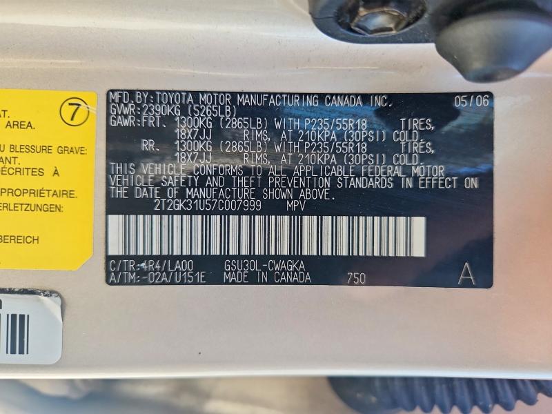 Aukcja sprzedaży 2007 Lexus Rx, vin: 2T2GK31U57C007999, numer aukcji: 65611046