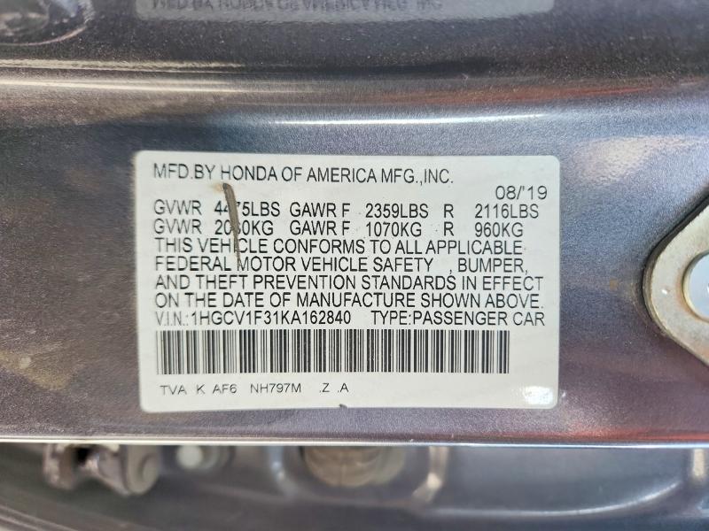Продаж на аукціоні авто 2019 Honda Accord, vin: 1HGCV1F31KA162840, номер лоту: 65173846