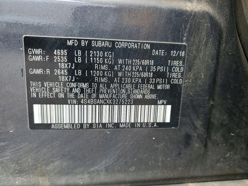 2019 Subaru Outback მანქანა იყიდება აუქციონზე, vin: 4S4BSANCXK3275223, აუქციონის ნომერი: 63738556