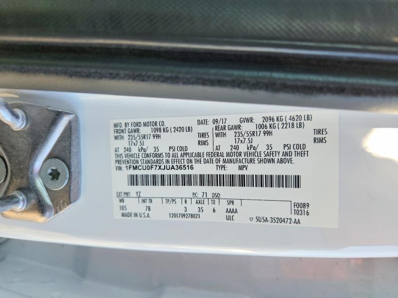 63765116 :رقم المزاد ، 1FMCU0F7XJUA36516 vin ، 2018 Ford Escape مزاد بيع