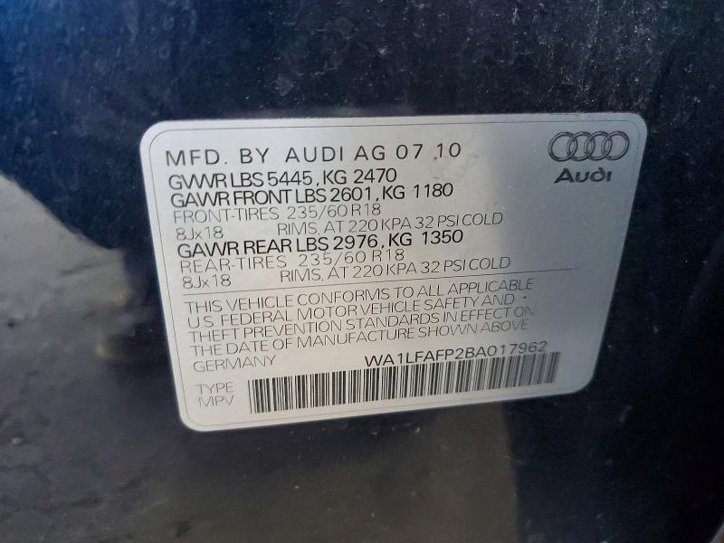 64785396 :رقم المزاد ، WA1LFAFP2BA017962 vin ، 2011 Audi Q5 مزاد بيع