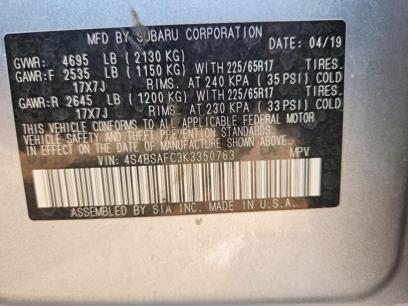 65203896 :رقم المزاد ، 4S4BSAFC3K3350763 vin ، 2019 Subaru Outback مزاد بيع
