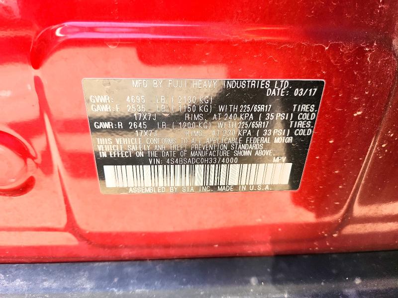 Продаж на аукціоні авто 2017 Subaru Outback, vin: 4S4BSADC0H3374000, номер лоту: 65228206