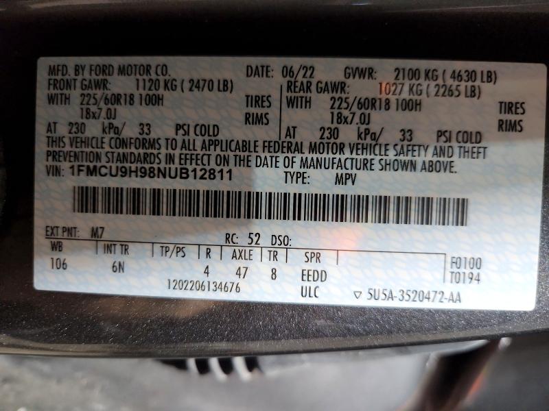 Продаж на аукціоні авто 2022 Ford Escape, vin: 1FMCU9H98NUB12811, номер лоту: 63250586