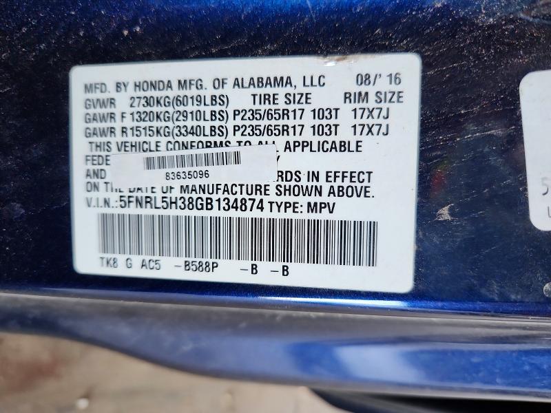 Aukcja sprzedaży 2016 Honda Odyssey, vin: 5FNRL5H38GB134874, numer aukcji: 65582976