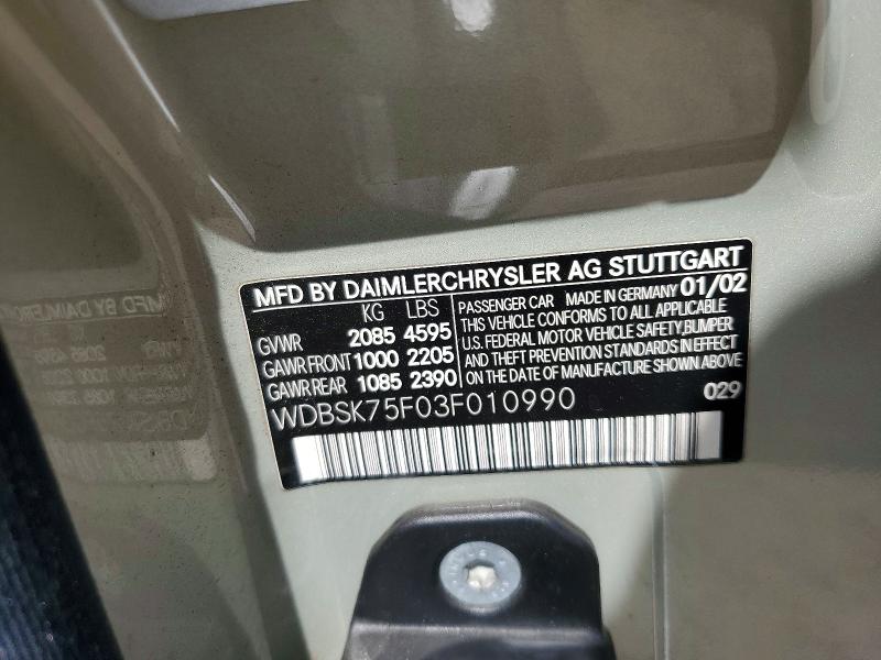 Aukcja sprzedaży 2003 Mercedes-benz Sl, vin: WDBSK75F03F010990, numer aukcji: 65044806