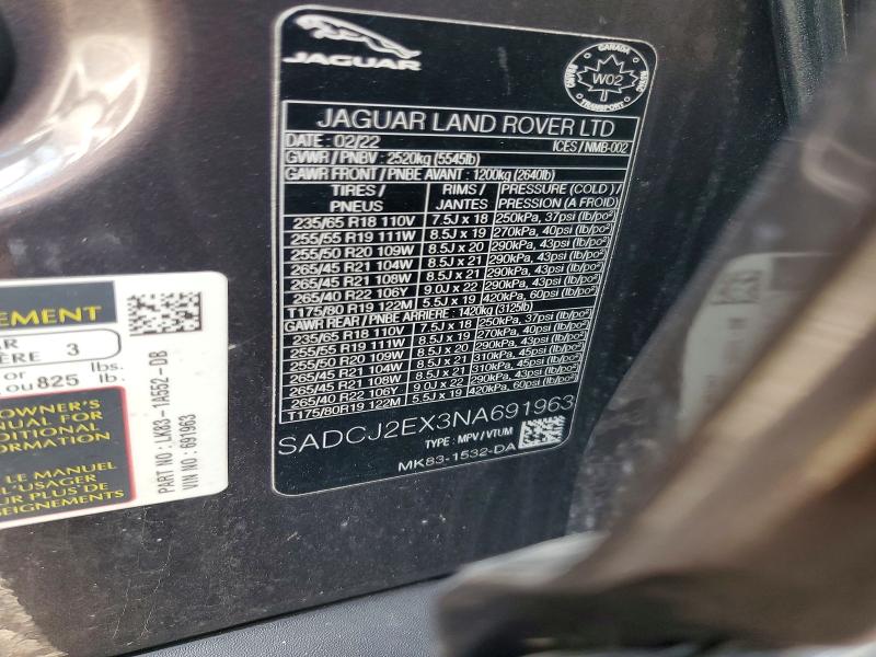 Продаж на аукціоні авто 2022 Jaguar F-pace, vin: SADCJ2EX3NA691963, номер лоту: 64369506