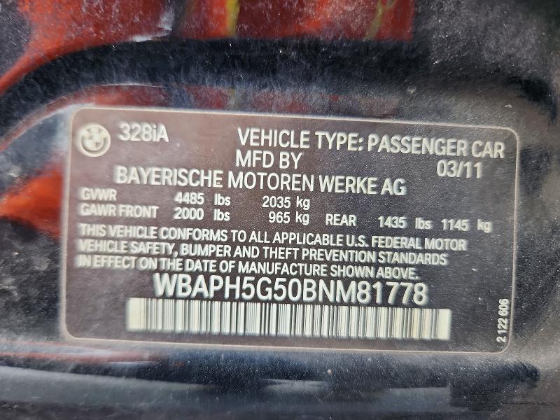2011 Bmw 328 მანქანა იყიდება აუქციონზე, vin: WBAPH5G50BNM81778, აუქციონის ნომერი: 65729266
