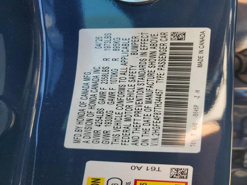 Продажа на аукционе авто 2026 Honda Civic, vin: 2HGFE4F87TH344457, номер лота: 65409566