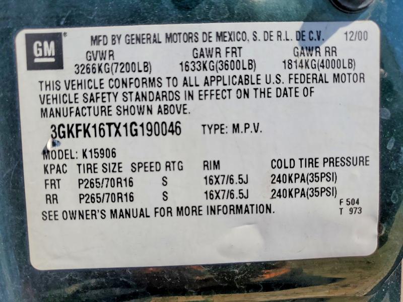 64138996 :رقم المزاد ، 3GKFK16TX1G190046 vin ، 2001 Gmc Yukon Xl مزاد بيع