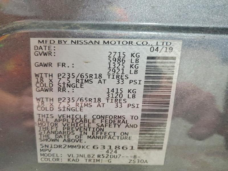 65748456 :رقم المزاد ، 5N1DR2MM9KC631861 vin ، 2019 Nissan Pathfinder مزاد بيع