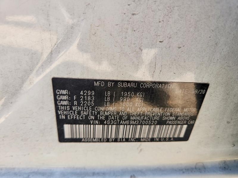 64909806 :رقم المزاد ، 4S3GTAM69M3700520 vin ، 2021 Subaru Impreza مزاد بيع