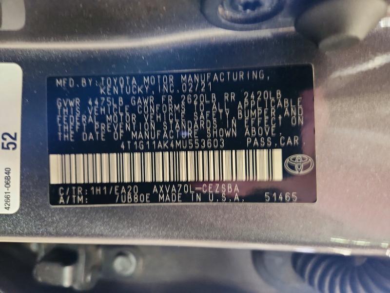 Продажа на аукционе авто 2021 Toyota Camry, vin: 4T1G11AK4MU553603, номер лота: 64895716