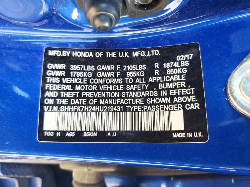 2017 Honda Civic მანქანა იყიდება აუქციონზე, vin: SHHFK7H24HU219431, აუქციონის ნომერი: 64505166