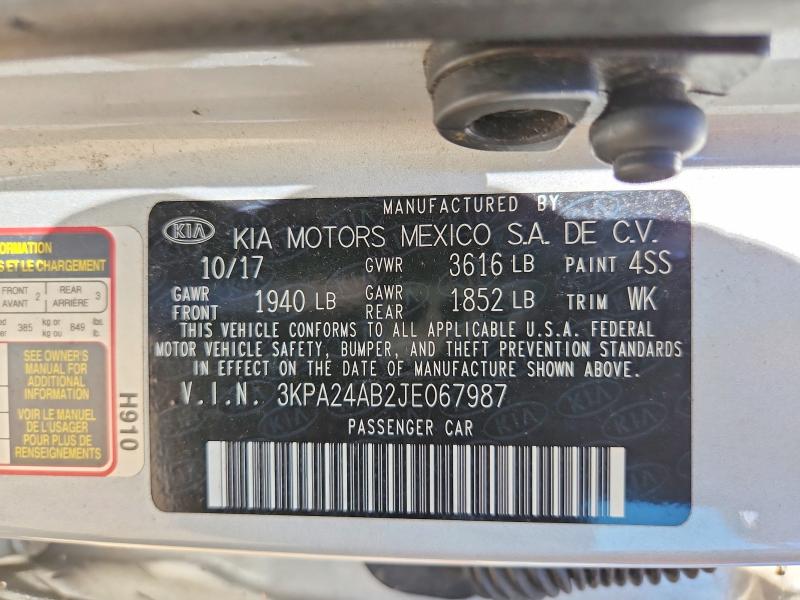 66275536 :رقم المزاد ، 3KPA24AB2JE067987 vin ، 2018 Kia Rio مزاد بيع