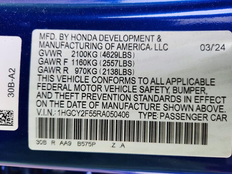 Продаж на аукціоні авто 2024 Honda Accord, vin: 1HGCY2F55RA050406, номер лоту: 67071116