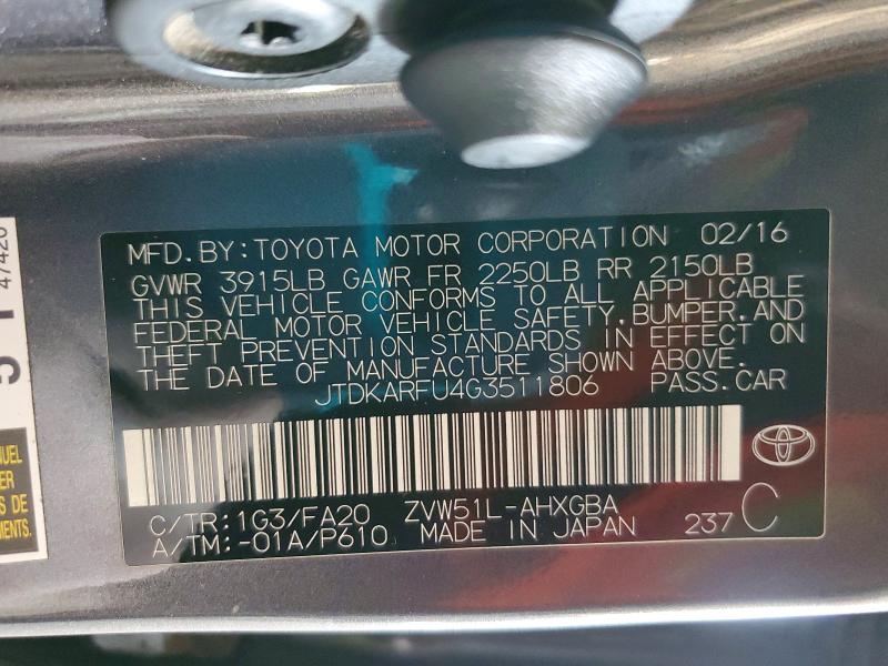 Aukcja sprzedaży 2016 Toyota Prius, vin: JTDKARFU4G3511806, numer aukcji: 65168206